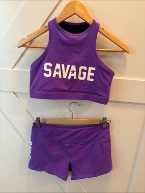 Purple 'SAVAGE' barbell Athletic Crop Top and Shorts Set, size L